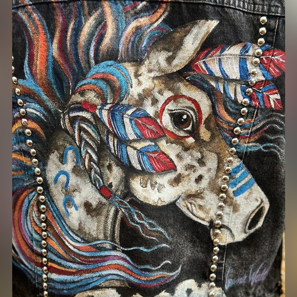 Aqua Luxe SM metal studded denim jean jacket handpainted horse native American - Picture 4 of 11